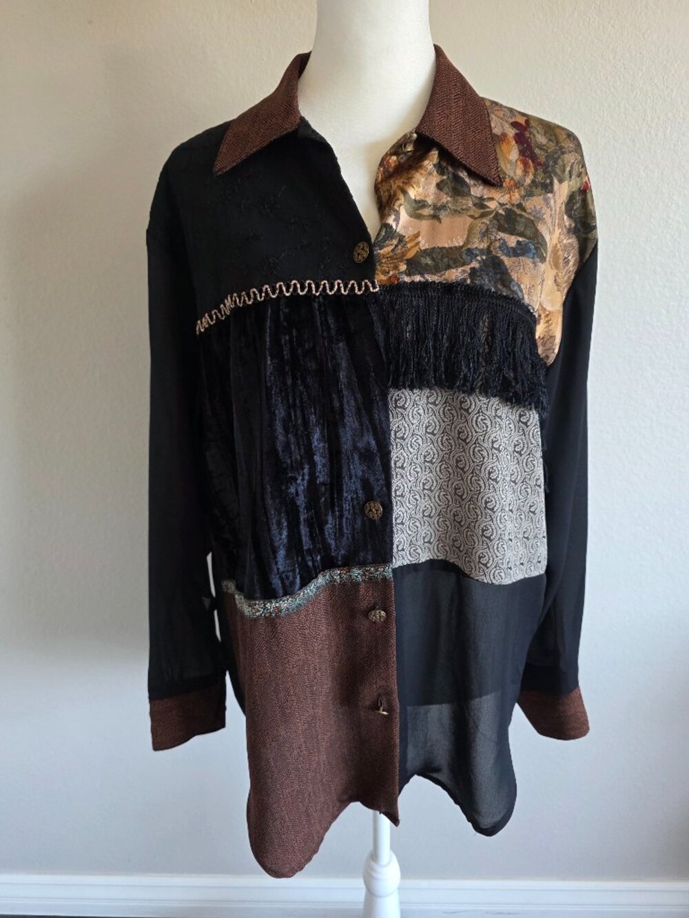 Vintage Judy Knapp California Blouse Mixed Media Velvet Fringe Sheer Sz M L 80s